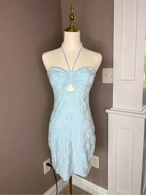 American Eagle Outfitters Baby Blue Floral Halter Mini Dress